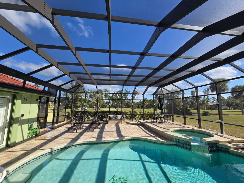 Screened-in porch with pool